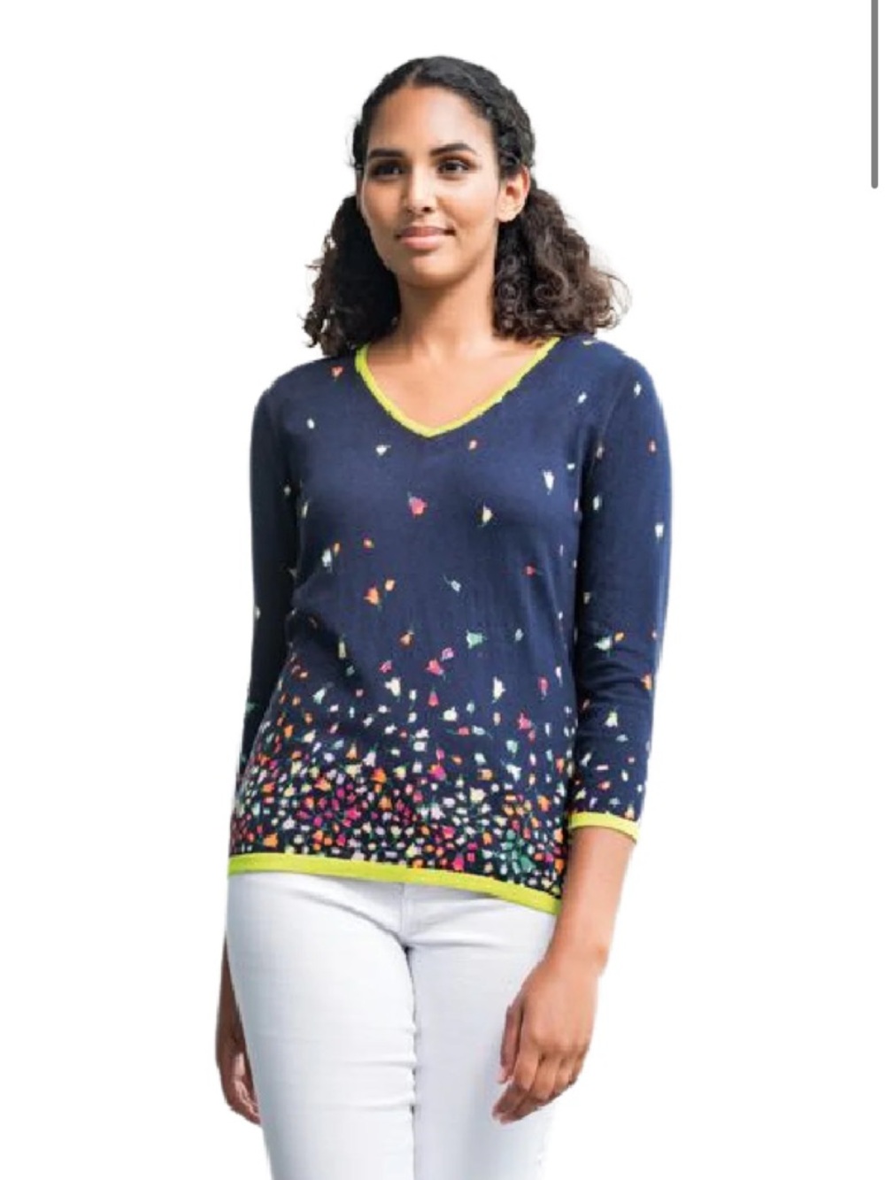 Alison Sheri - Navy V-Neck Sweater with Lime Green Trim and Tulip Confetti Print